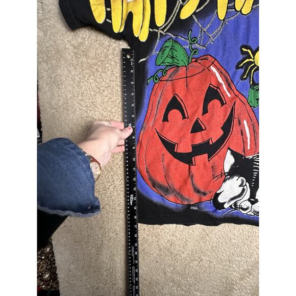 Vtg Halloween Pumpkin Kitty 1996 90s All Over Print T-shirt Unisex Sz L Costume - Picture 15 of 16